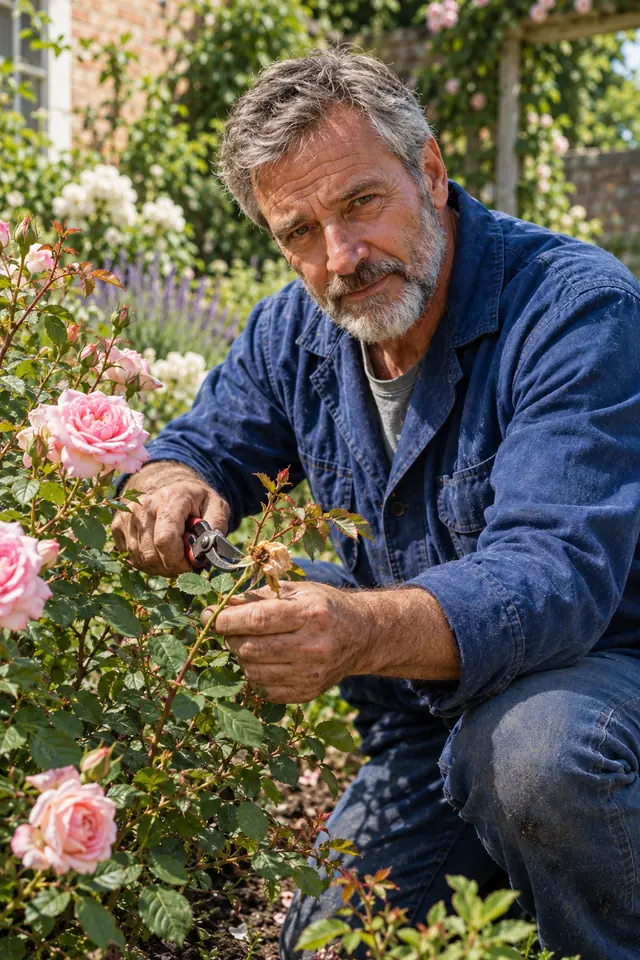 Emmanuel Arteaga cuidando un rosal en el jardín